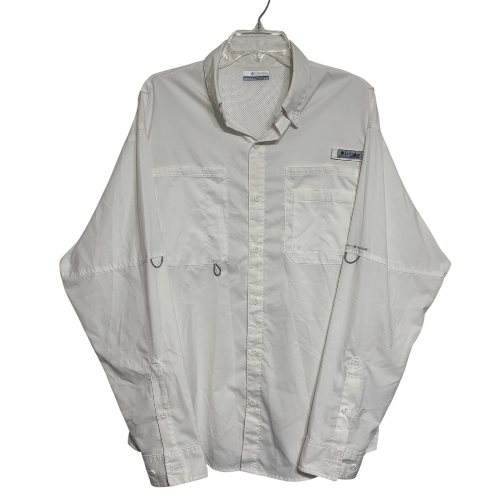 Columbia Mens Sz L White Long Sleeve Fishing Shirt Button Up Omni-shade Gorpcore